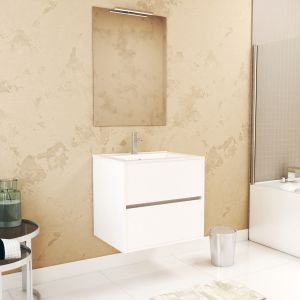 Pack mueble 60 cm blanco 2 cajones lavabo espejo 60x80 + LED