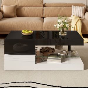 Mesa de centro,LED,tapa negra con base blanca