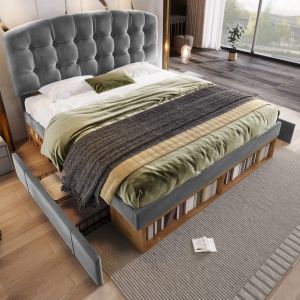 Cama tapizada 140x200cm con cajones y almacenaje terciopelo sin colchón
