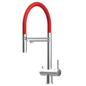 Grifo de cocina 4 vías acero inox ducha 2 chorros, cepillado/rojo