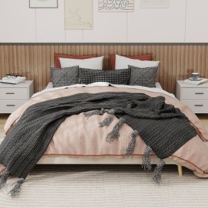 Cama 160x200cm con somier bajo y marco de madera robusto, beige