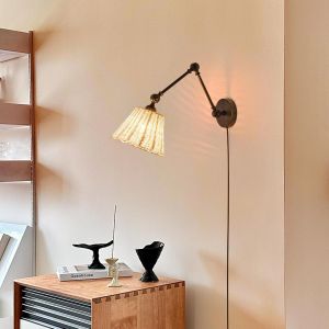 Aplique rústico ratán, brazo oscilante, E27, cable, enchufe, interruptor