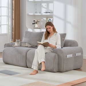 Sofá modular de 2 plazas claro con portavasos y bolsillo lateral pana gris