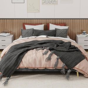 Cama 160x200cm diseño bajo con somier de láminas, gris estable