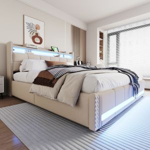Cama doble con colchón hidráulico, 180x200cm,beige, tela de lino.