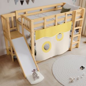 Litera 90x200 cm con escalera, tobogán y cortinas de madera – natural