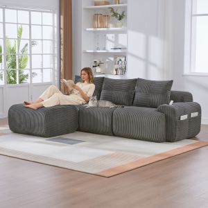 Sofá modular 3 plazas pana gris oscuro con pufs portavasos y bolsillo