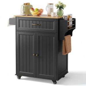 Carrito de cocina con ruedas - negro/madera - 1 cajón - 83,9x45,5 85,4 cm