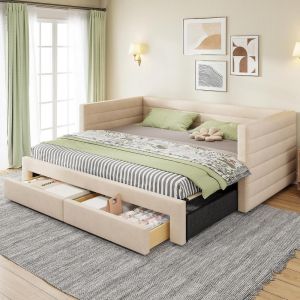 Sofá cama extensible 90/180x190 cm con cajones, base de láminas beige