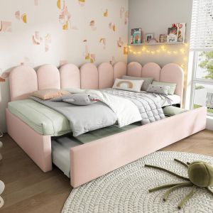 Cama banqueta 90x200cm con cama nido 90x190cm, terciopelo,2 camas,rosa