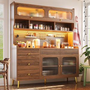 Aparador alto para cocina salón con LED y 1 puerta nogal 171x145x39cm