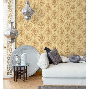 Papel pintado texturizado tnt damasco étnico thalassa amarillo