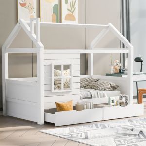Cama casita 90x200 cm con cajones y barandilla madera maciza – blanco
