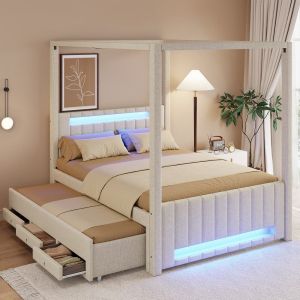 Cama tapizada con dosel 140x200cm con cama nido 3 cajones y LED lino