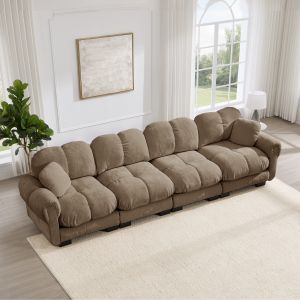 Sofá modular chenilla marrón con brazos curvos y cojines acolchados