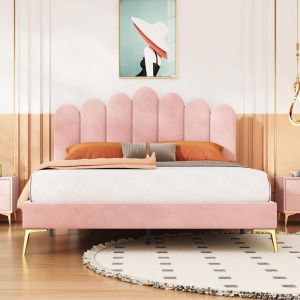 Cama doble 140x200 cm terciopelo con cabecero ajustable rosa