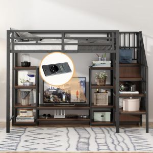 Cama loft infantil 90x200cm con soporte tv, enchufe y almacenaje negra