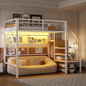 Cama loft 90x200cm con LED app, escalera con almacenaje, blanco