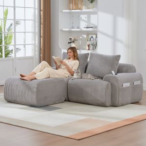 Sofá modular 2 plazas pana gris claro con reposapiés portavasos y bolsillo