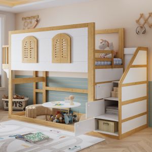 Cama alta 90x200cm con escalera de almacenaje madera blanco natural