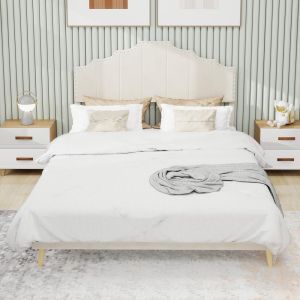 Cama 160x200cm con cabecero y base baja beige, sin colchón incluido