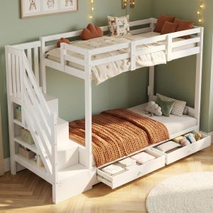 Litera infantil 90x200cm con escalera, sofá ajustable, blanco