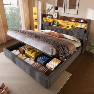 Cama 140x200cm con almacenaje hidráulico, LED, 4 usb-c, gris lino