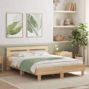 Cama cabecero y luces LED roble sonoma 150x200 cm reg1775