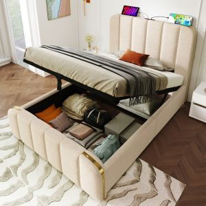 Cama tapizada 90x200cm con almacenaje hidráulico y usb lino – beige