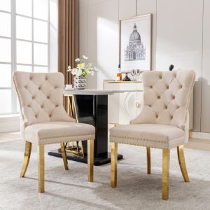 Silla de comedor terciopelo beige set 2 con aro y patas doradas