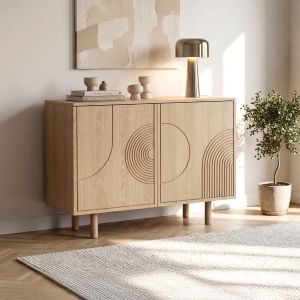 Aparador escandinavo de 100 cm con 2 puertas, acabado en roble, saskia