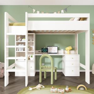 Cama infantil 90x200cm con escritorio usb-c y armario 3 cajones blanca