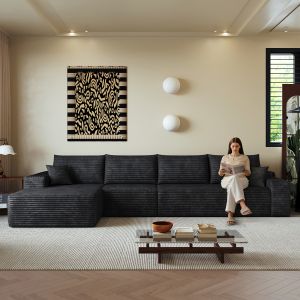 Sofá modular en l de tela negra con chaise longue sin montaje