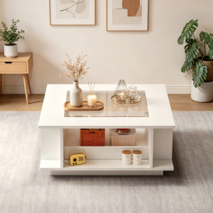 Mesa de centro cuadrada blanca con LED y cristal 30x70x70cm