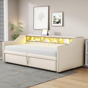 Sofá cama convertible 90/180x200 cm con LED, usb y almacenaje beige