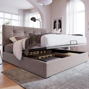 Cama terciopelo 140x200 cabecero ajustable,arcón hidráulico gris claro