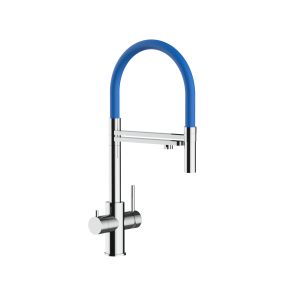Grifo cocina 5 vías acero inox ducha 2 chorros amovible, pulido/azul, FX
