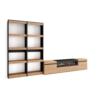 Muebles salón, 320x35x186cm, roble y negro, chimenea eléctrica rf2602