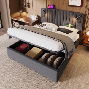 Cama doble 140x200 cm con cabecero acolchado, gris