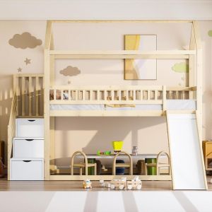 Cama alta infantil 90x200cm de madera maciza con tobogán, natural