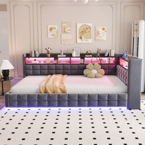 Sofá cama tapizado 90x200 cm con almacenaje, LED y carga usb c – gris