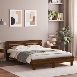 Cama cabecero y luces LED marrón roble 140x190 cm