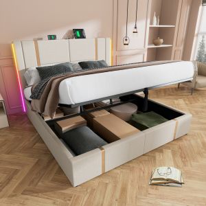 Cama tapizada 140x200cm con LED y almacenaje lino – beige