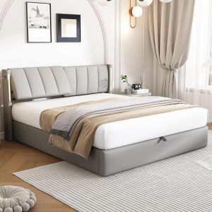 Cama 140x190cm con almacenaje hidráulico usb LED gris