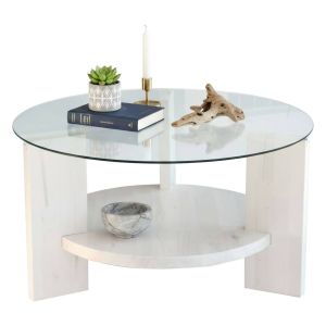 Mesa de centro felino, redonda, en madera maciza blanca