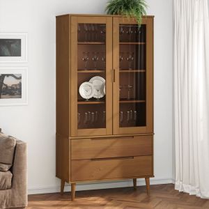 Mueble vitrina molde madera maciza de pino marrón 90x35x175 cm