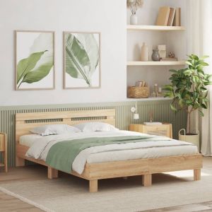 Cama cabecero y luces LED roble sonoma 140x200 cm