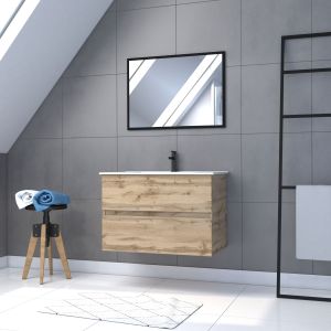 Mueble suspendido 80 cm roble + lavabo blanco + espejo