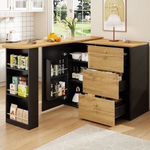 Barra de cocina extensible giratoria con 3 cajones negro 104x138x39cm