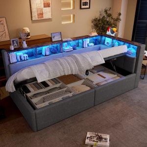 Sofá cama 90x200 cm con LED, carga y almacenaje de lino – color gris